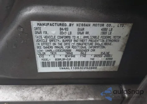 2003 Nissan Altima 2.5 S из США, поврежденный, VIN 1N4AL11D53C252886